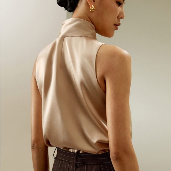Lilysilk NWT Sleeveless Tie-Neck Silk Blouse Light Camel - Picture 2 of 4